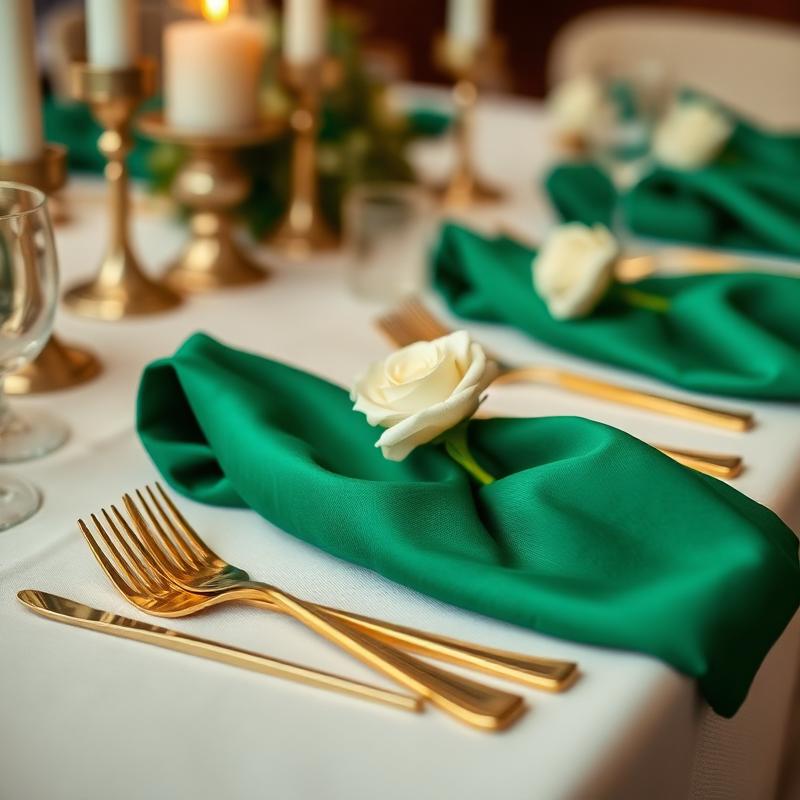 Detail study: gold cutlery, emerald napkin and white rose